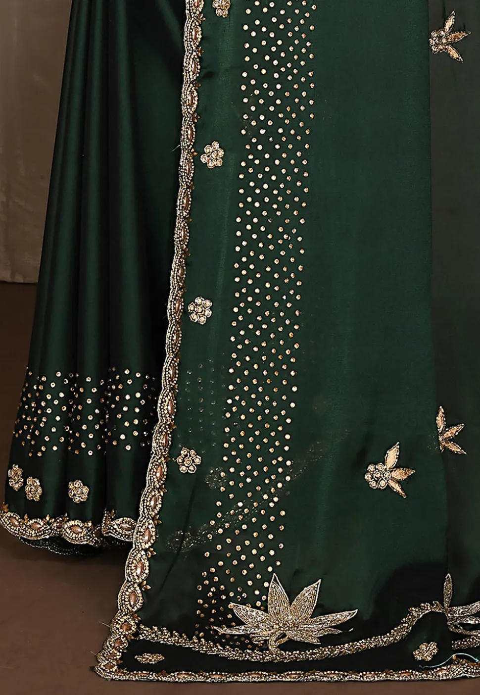 Embroidered Satin Georgette Saree in Dark Green
