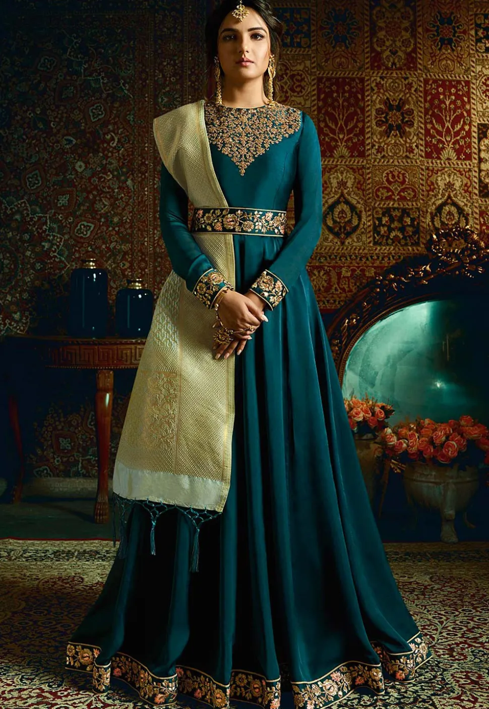 Embroidered Satin Gorgette Abaya Style Suit in Teal Blue