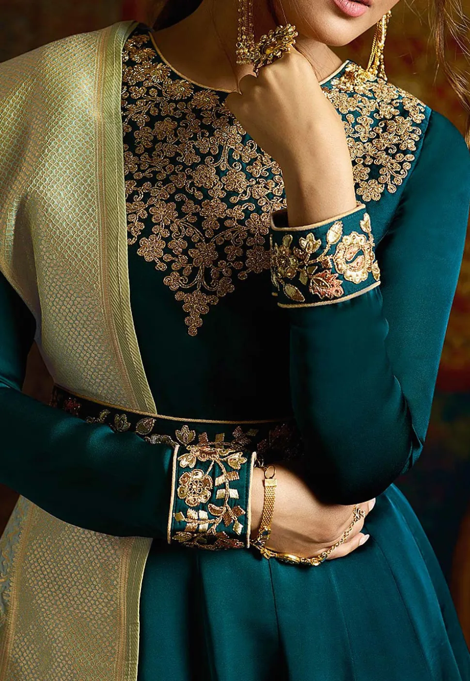Embroidered Satin Gorgette Abaya Style Suit in Teal Blue
