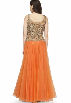 Embroidered Satin Gown in Light Orange and Golden