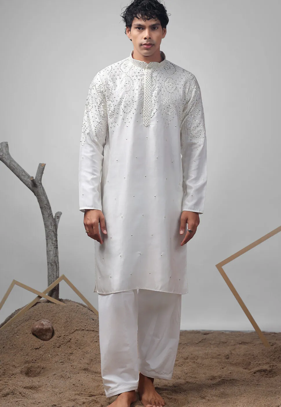 Embroidered Satin Kurta Set in Off White