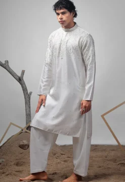 Embroidered Satin Kurta Set in Off White