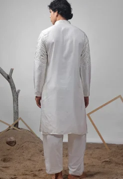 Embroidered Satin Kurta Set in Off White