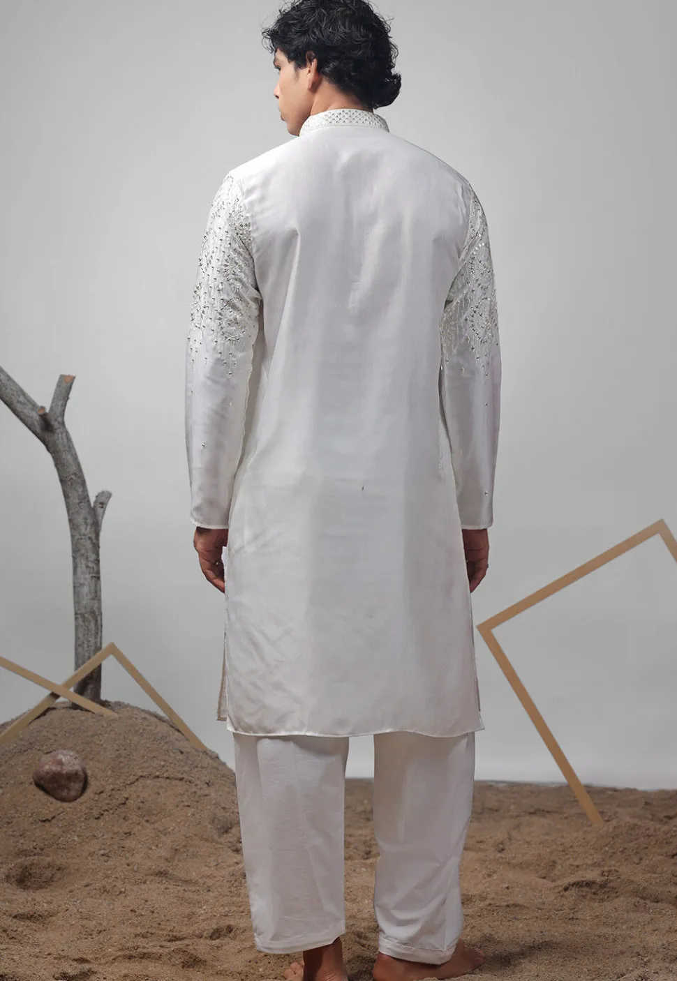 Embroidered Satin Kurta Set in Off White