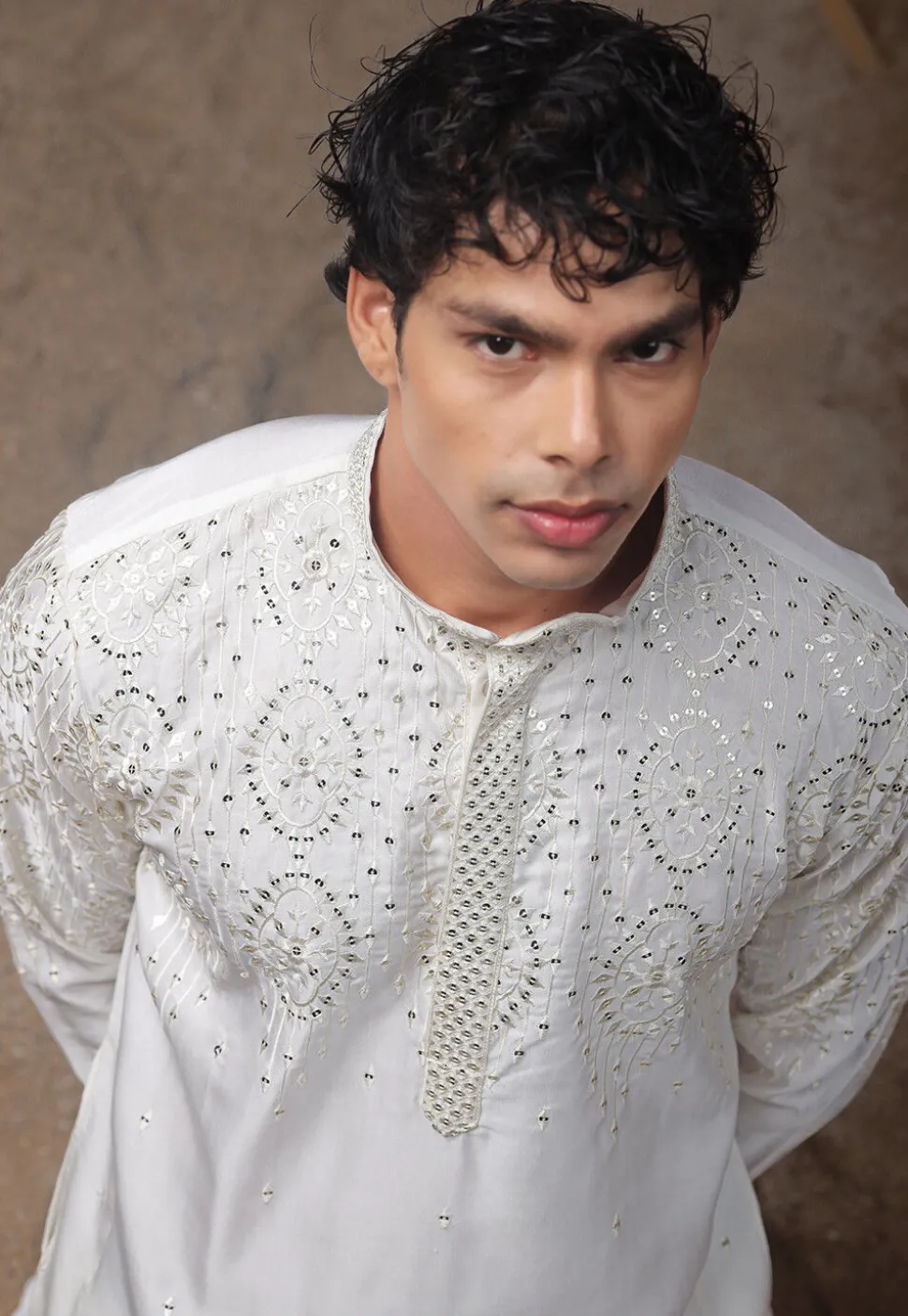 Embroidered Satin Kurta Set in Off White
