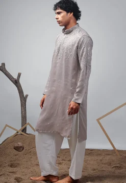 Embroidered Satin Kurta Set in Grey
