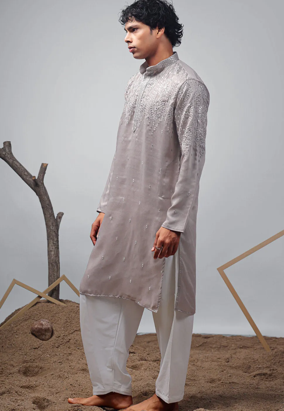 Embroidered Satin Kurta Set in Grey