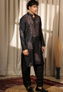Embroidered Satin Kurta Set in Black