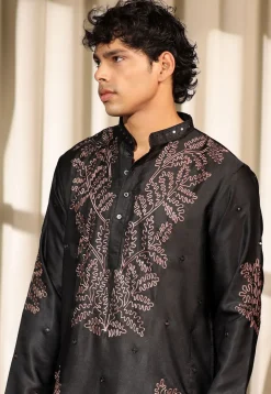 Embroidered Satin Kurta Set in Black