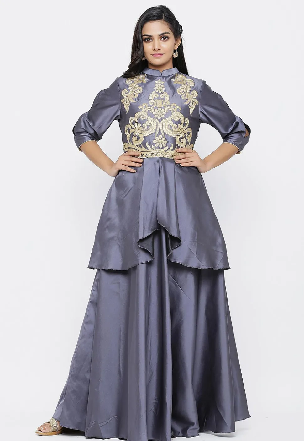 Embroidered Satin Layered Gown in Grey