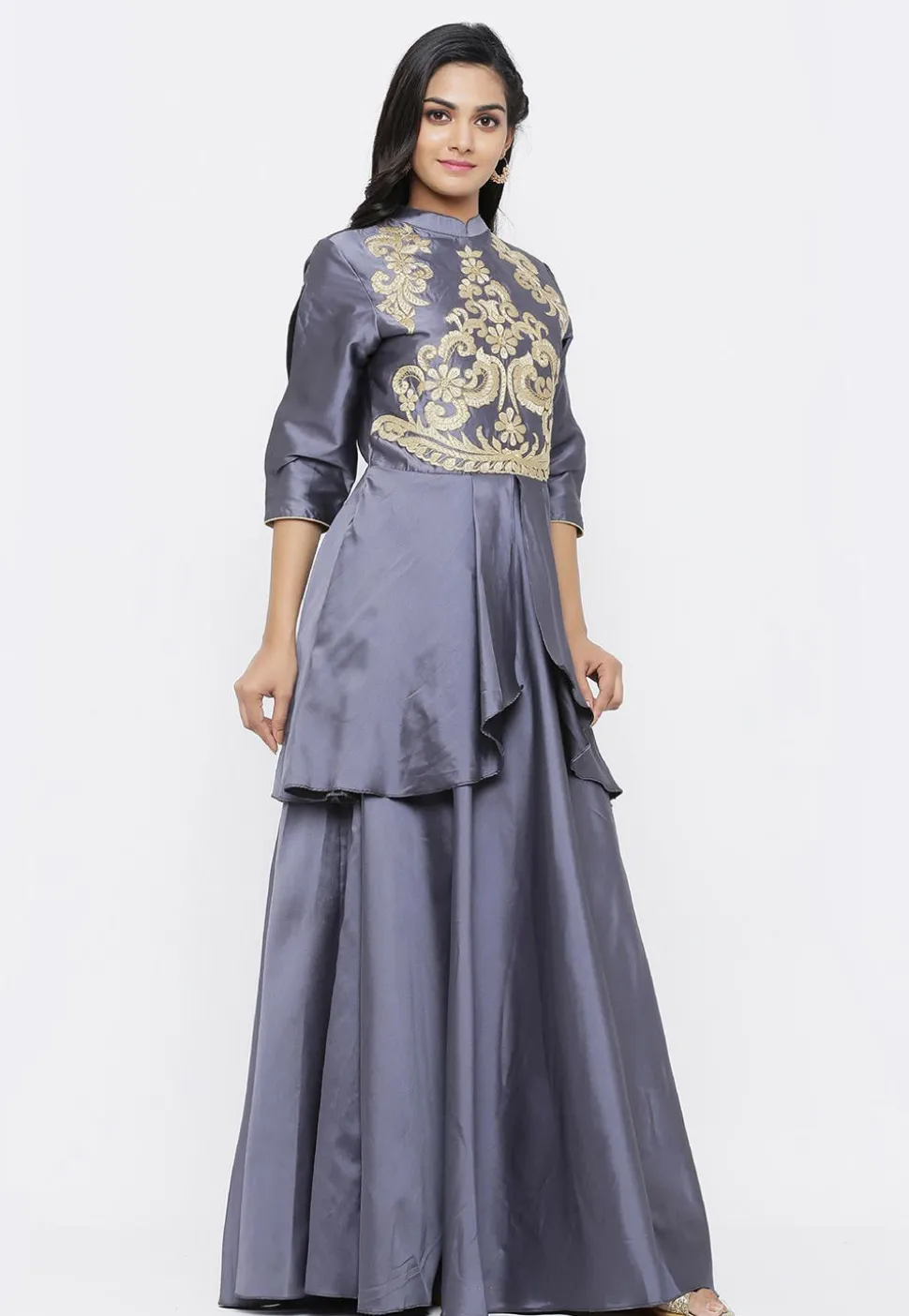 Embroidered Satin Layered Gown in Grey