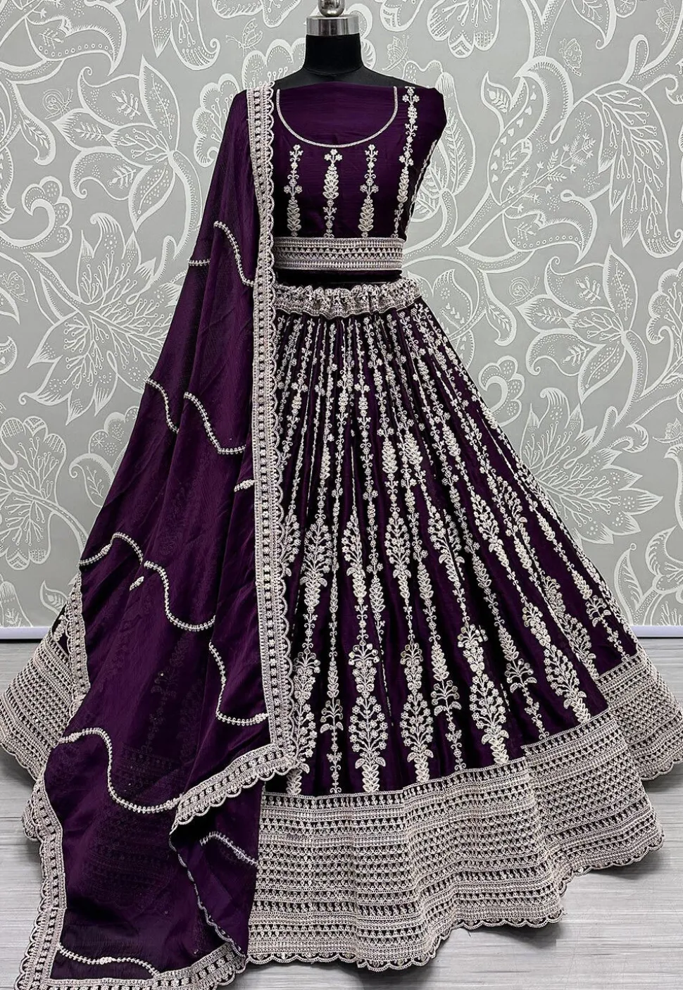 Embroidered Satin Lehenga in Purple