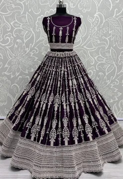 Embroidered Satin Lehenga in Purple