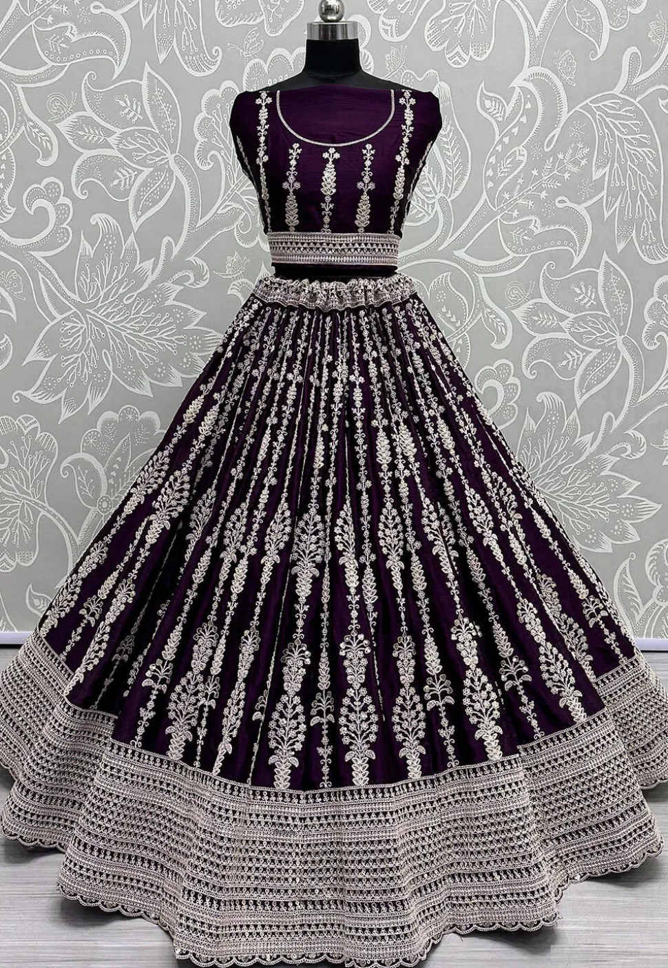Embroidered Satin Lehenga in Purple