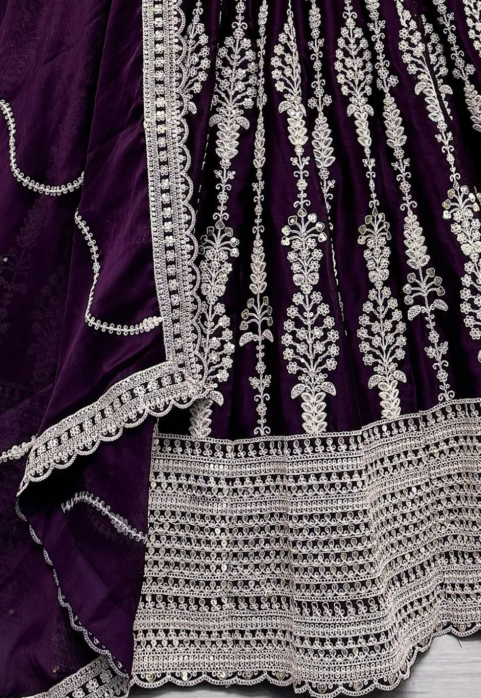 Embroidered Satin Lehenga in Purple