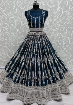 Embroidered Satin Lehenga in Teal Blue