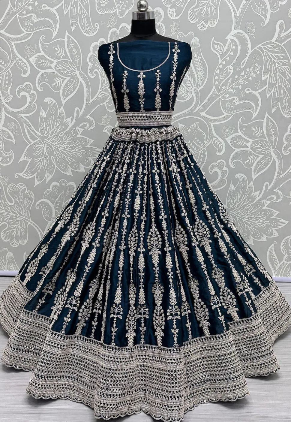 Embroidered Satin Lehenga in Teal Blue