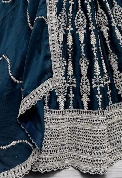 Embroidered Satin Lehenga in Teal Blue