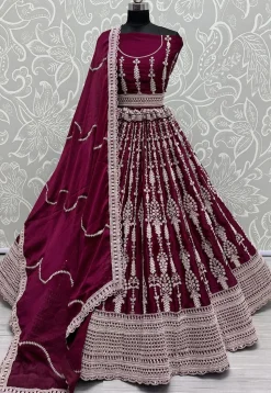 Embroidered Satin Lehenga in Magenta