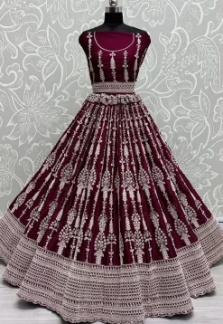 Embroidered Satin Lehenga in Magenta