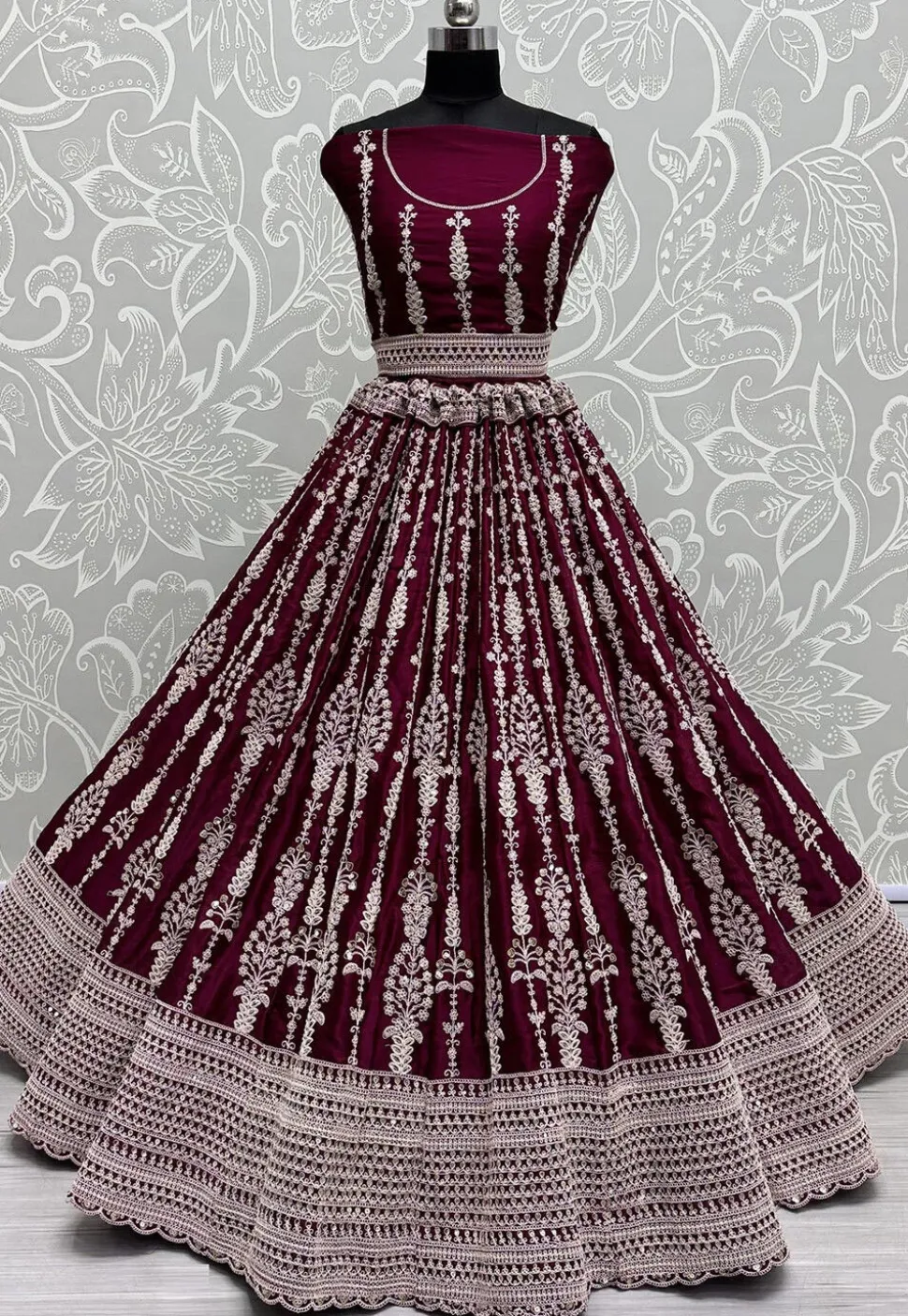 Embroidered Satin Lehenga in Magenta