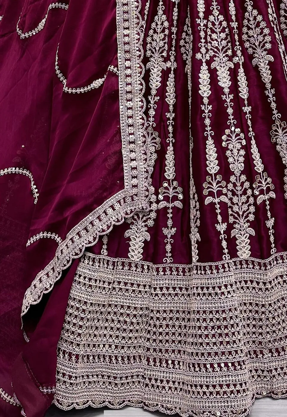 Embroidered Satin Lehenga in Magenta