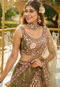Embroidered Satin Lehenga in Olive Green