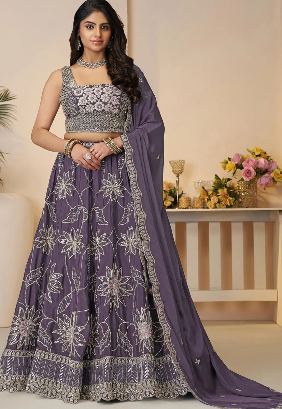 Embroidered Satin Lehenga in Purple