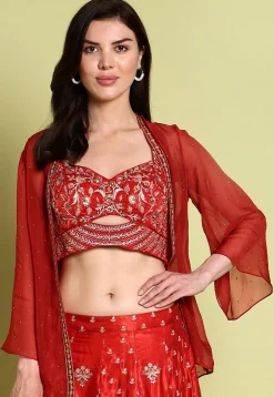 Embroidered Satin Lehenga in Red