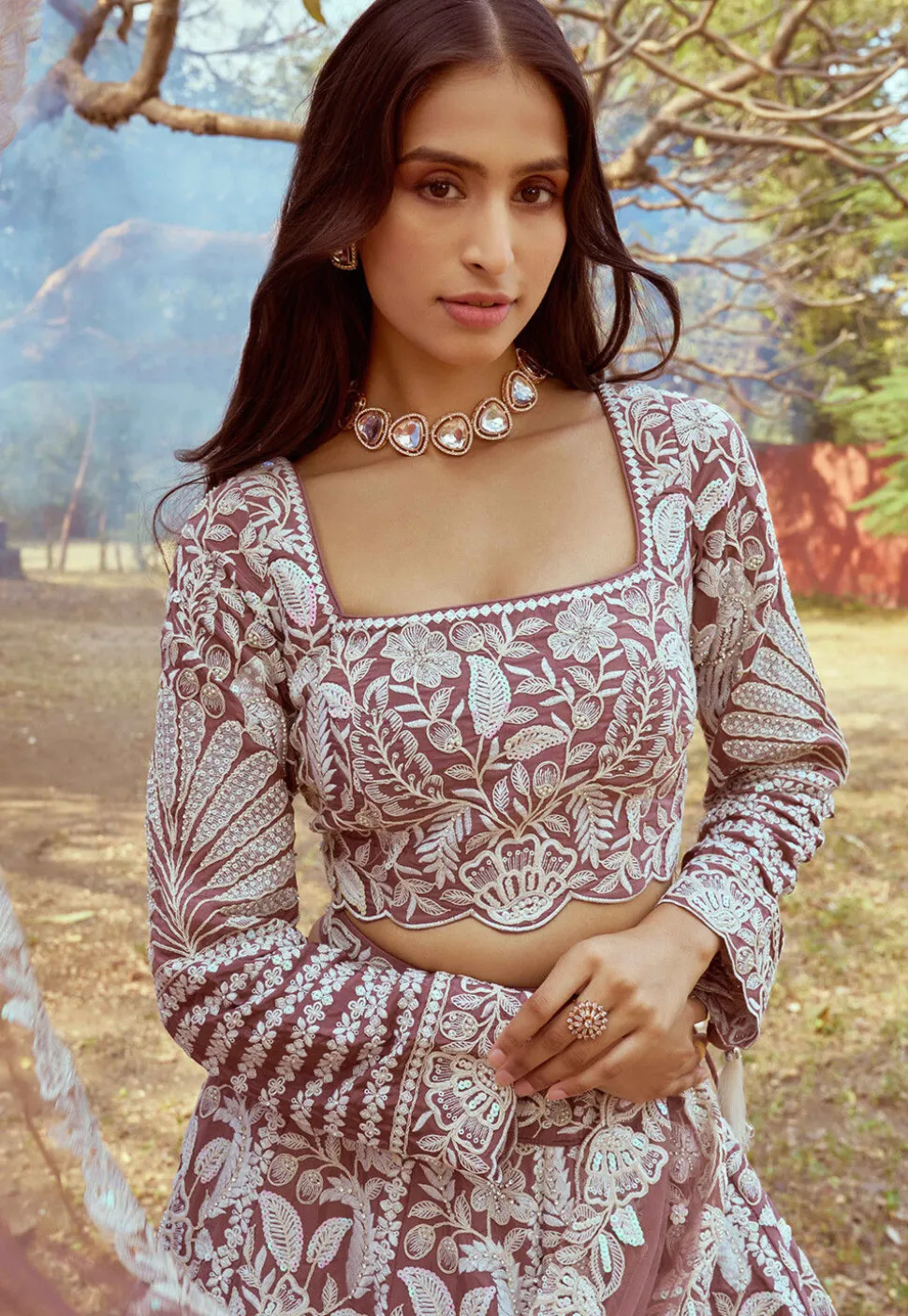 Embroidered Satin Lehenga in Rose Gold