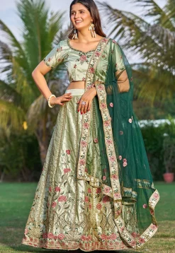 Embroidered Satin Lehenga in Pastel Green