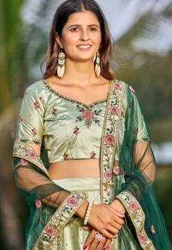 Embroidered Satin Lehenga in Pastel Green