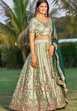 Embroidered Satin Lehenga in Pastel Green