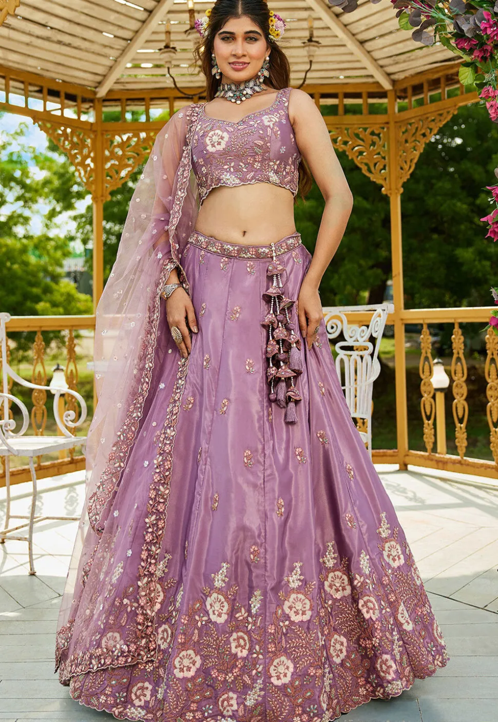 Embroidered Satin Lehenga in Purple