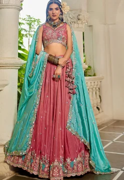 Embroidered Satin Lehenga in Peach