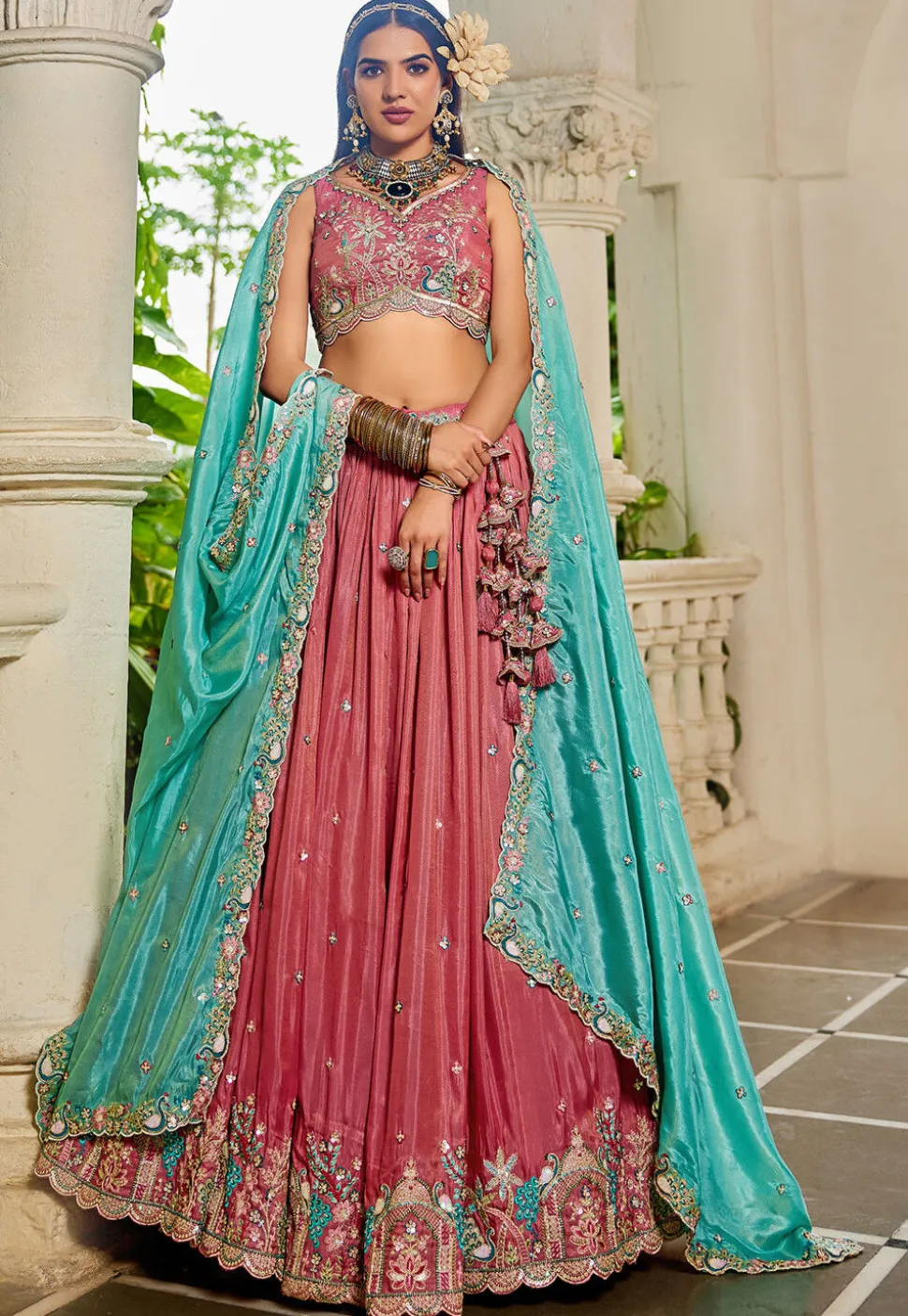 Embroidered Satin Lehenga in Peach