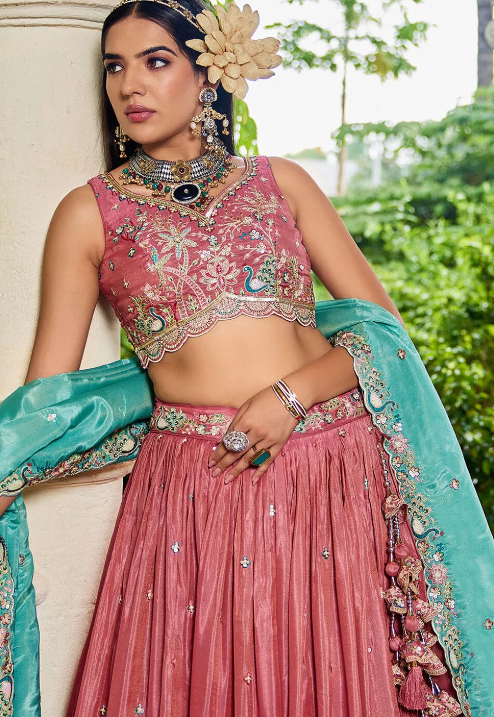 Embroidered Satin Lehenga in Peach