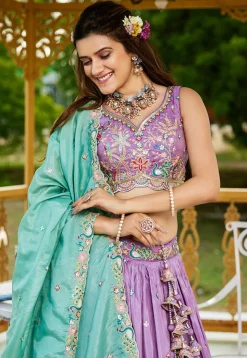 Embroidered Satin Lehenga in Purple