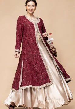 Embroidered Satin Lehenga in Light Beige