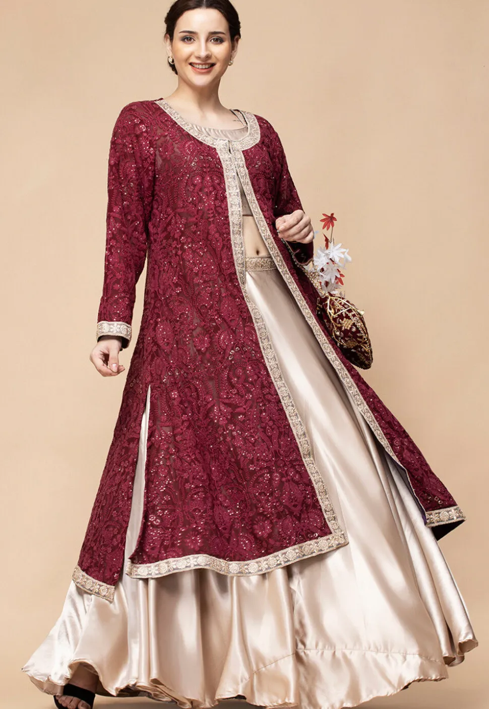 Embroidered Satin Lehenga in Light Beige