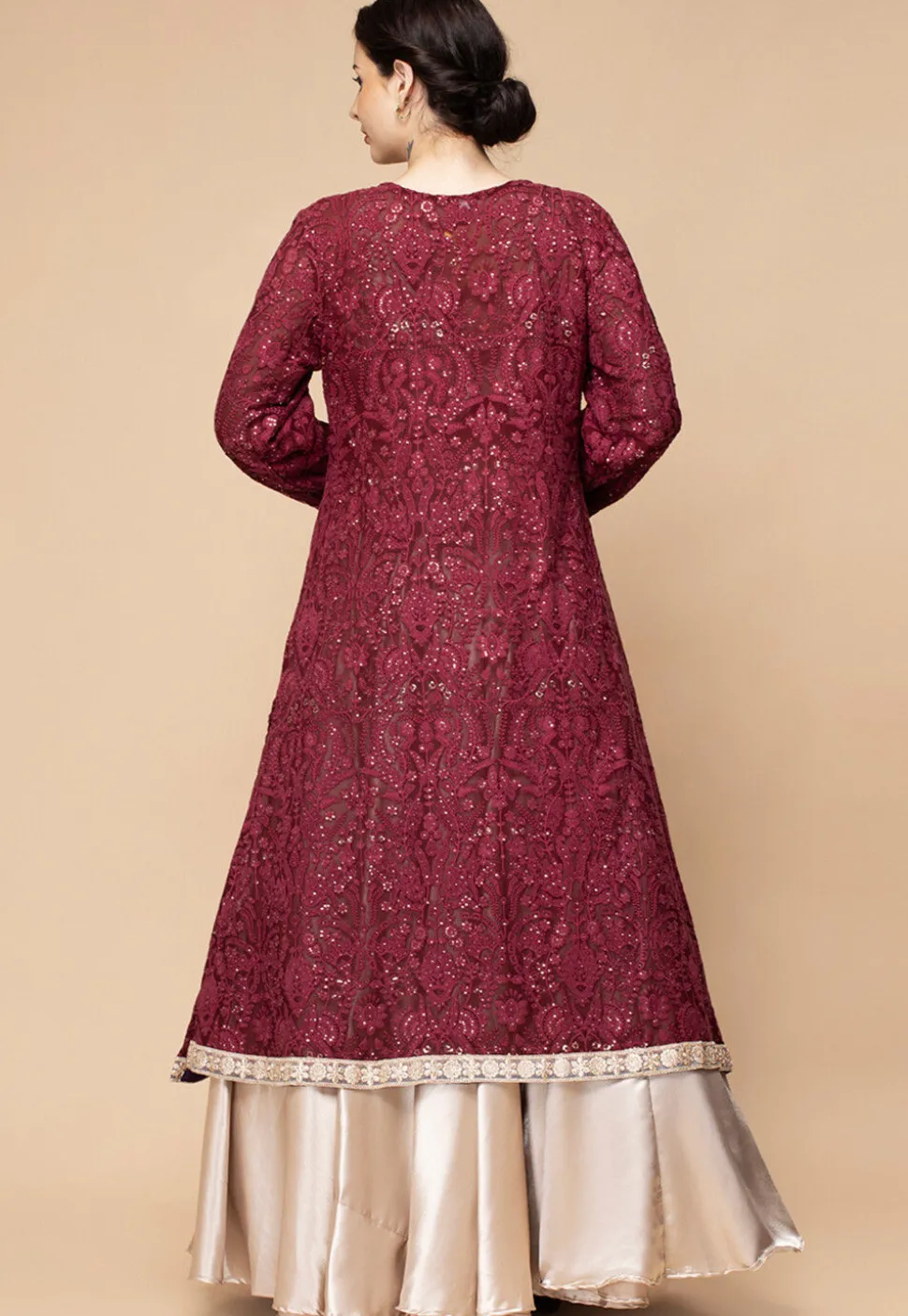 Embroidered Satin Lehenga in Light Beige