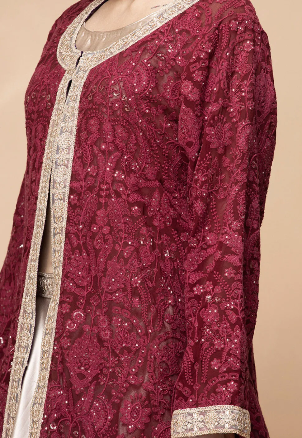 Embroidered Satin Lehenga in Light Beige