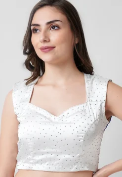 Embroidered Satin Padded Blouse in White and Blue