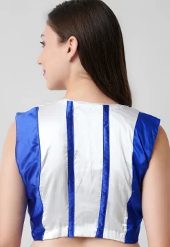 Embroidered Satin Padded Blouse in White and Blue