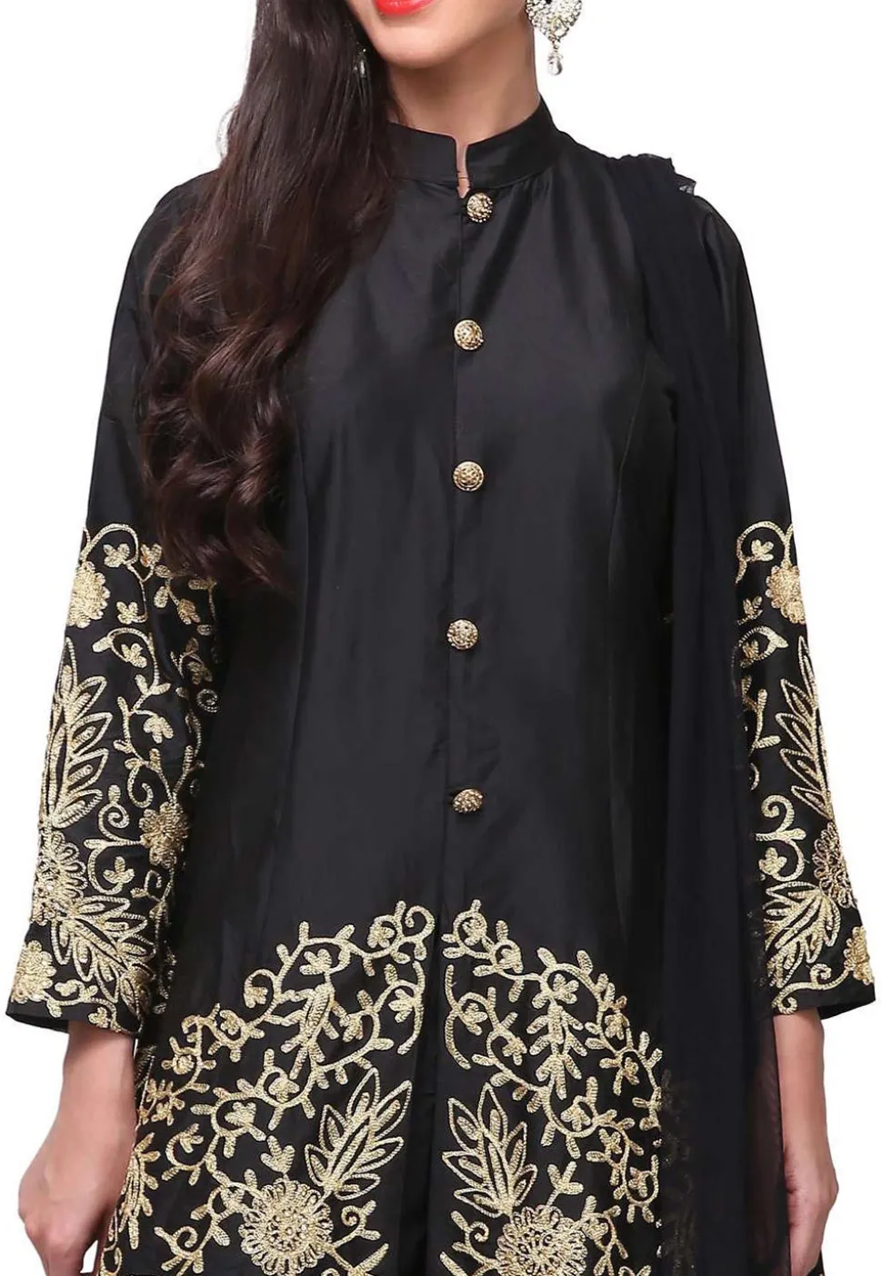 Embroidered Satin Pakistani Suit in Black