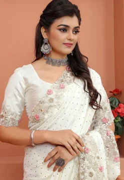 Embroidered Satin Saree in Off White