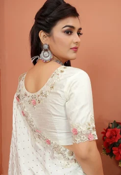 Embroidered Satin Saree in Off White