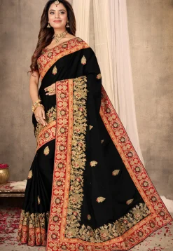 Embroidered Satin Saree in Black