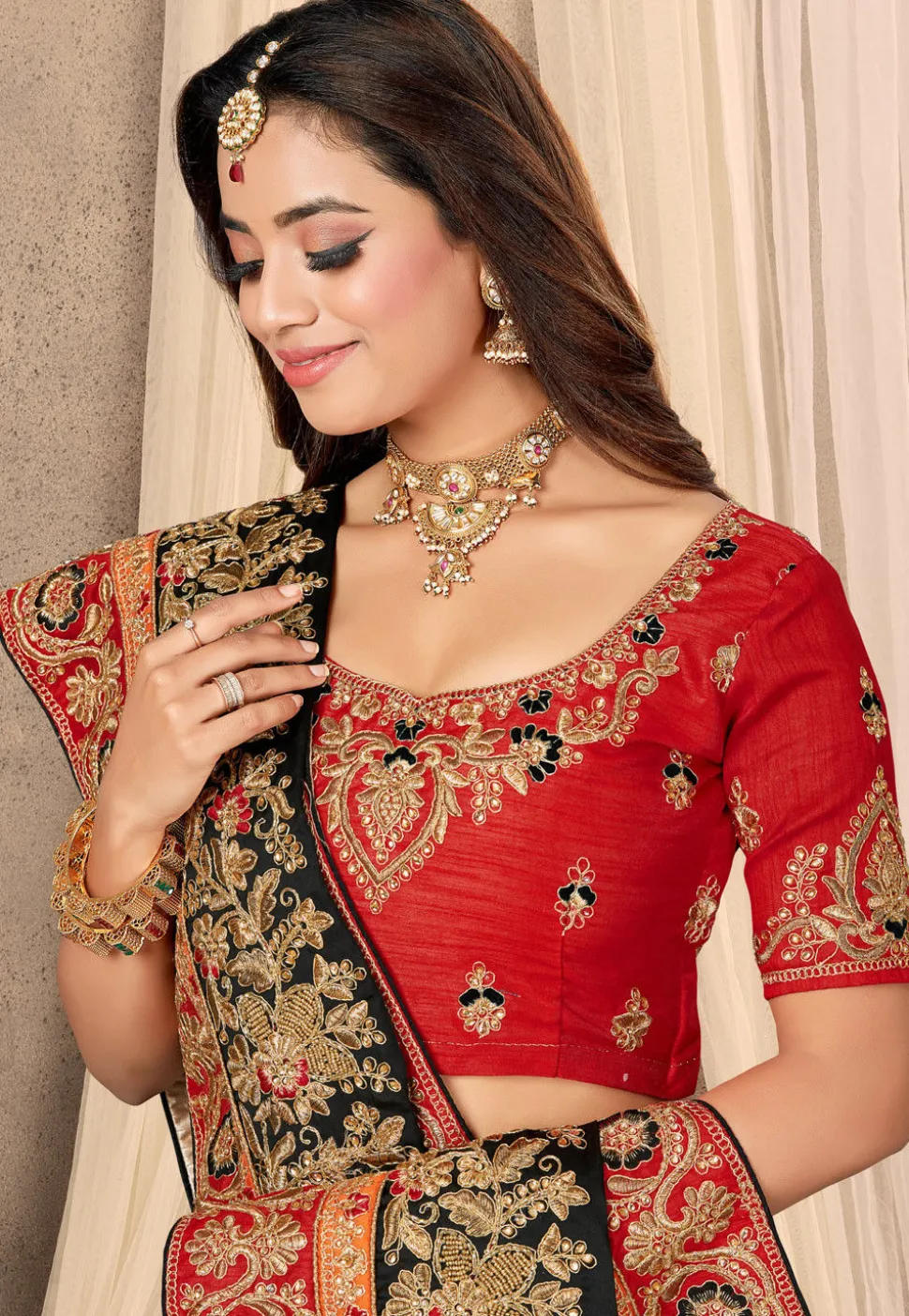 Embroidered Satin Saree in Black