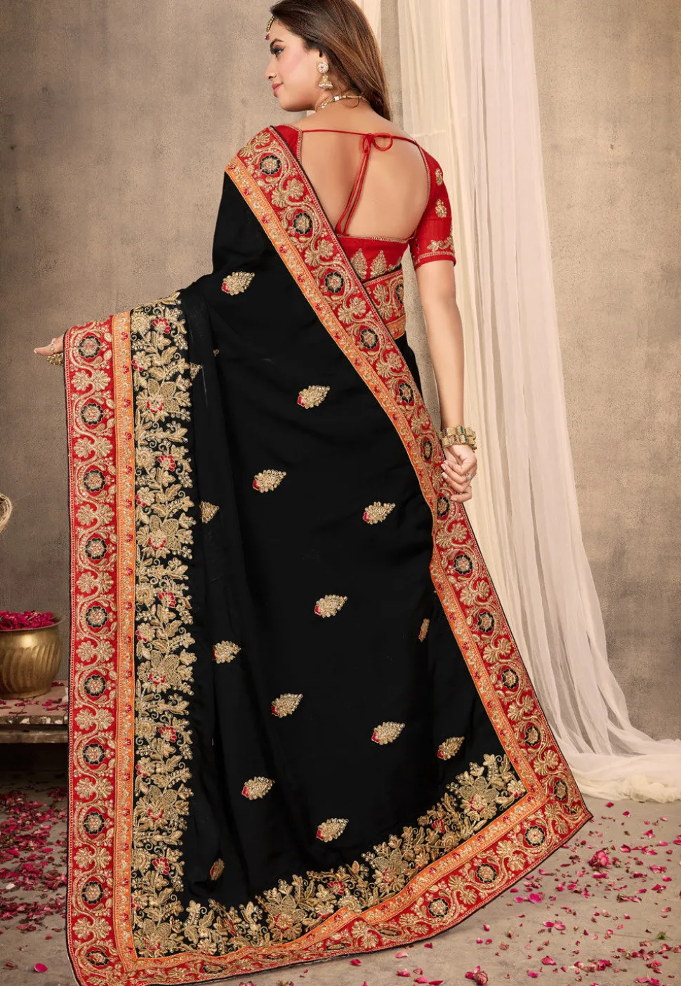 Embroidered Satin Saree in Black